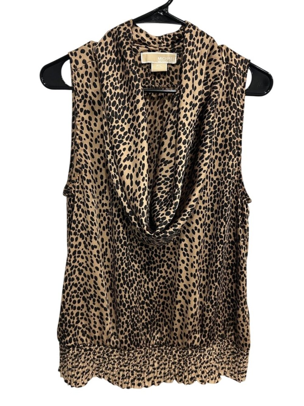 Michael Kors Petite Large Leopard Print Draped Cowl Blouse Beige Black Kitschy
